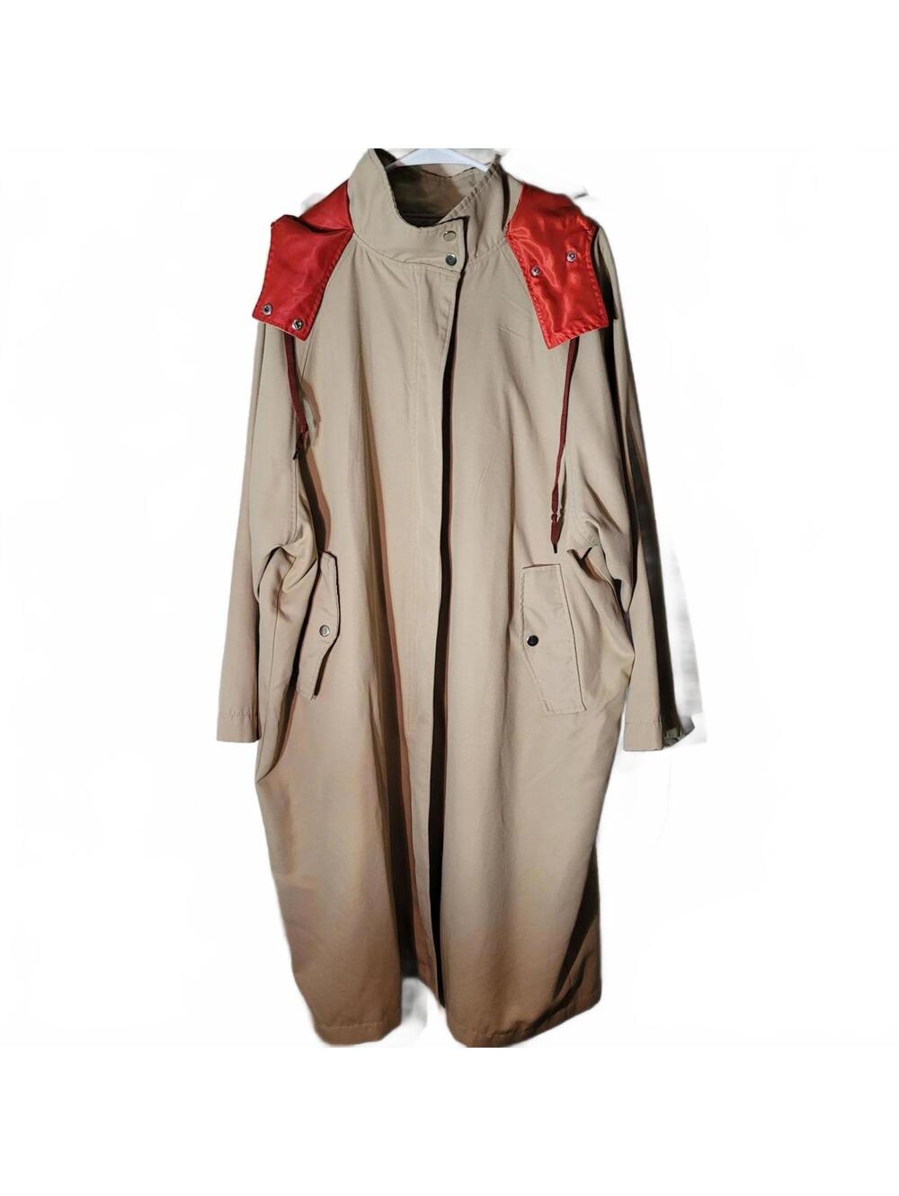 Beige Long Trench Coat with Red Hooded Lining Women's Large